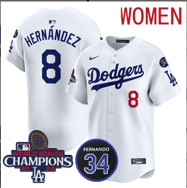 Women MLB Los Angeles Dodgers #8 Hernandez white 2024 World Series Champions Patch Limited Jersey style 2->women mlb jersey->Women Jersey